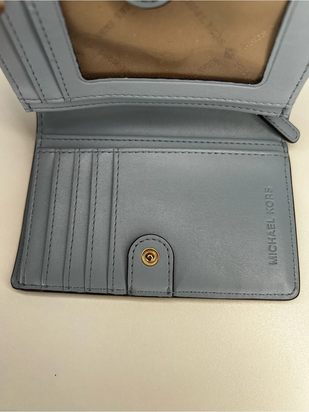 Michael Kors Jet Set Signature Brown MK PVC Bifold Wallet Gray Zip Coin EUC